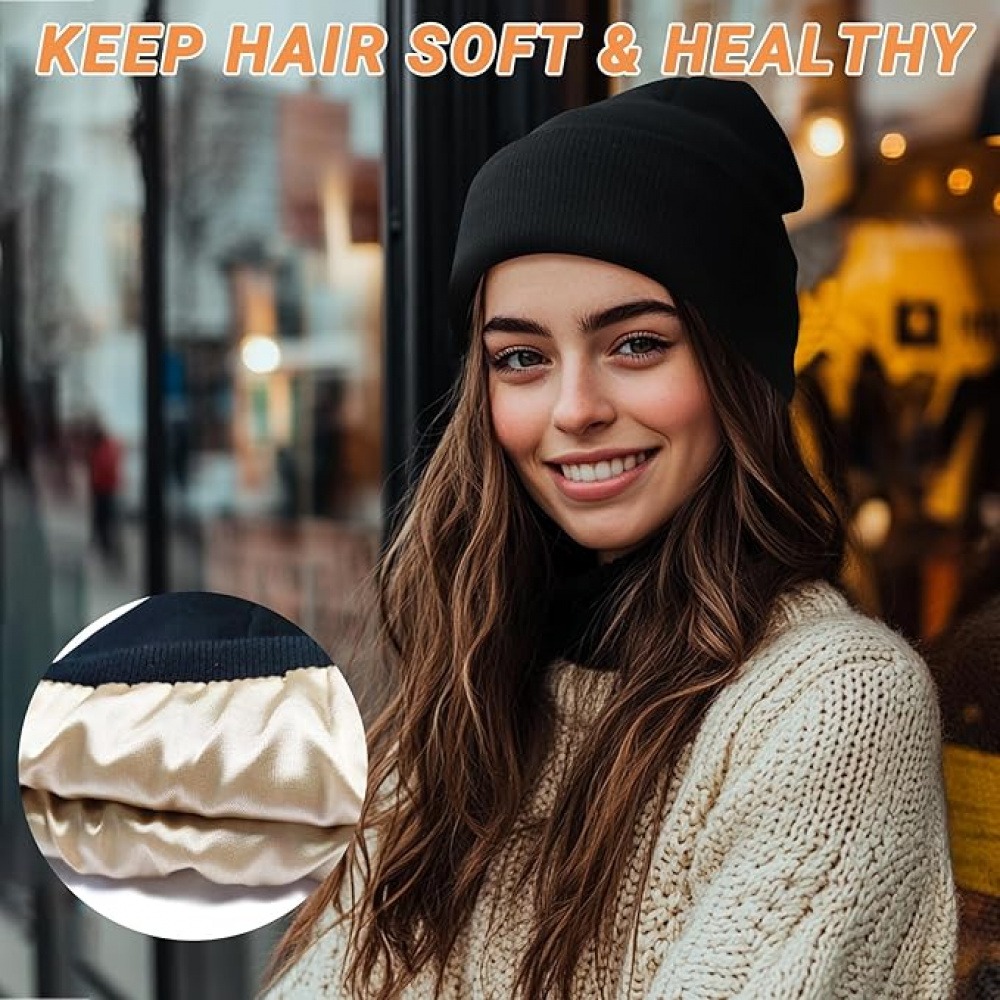 Beanie Cuffed Knit - Unisex Satin Lined Knit Beanie Hat
